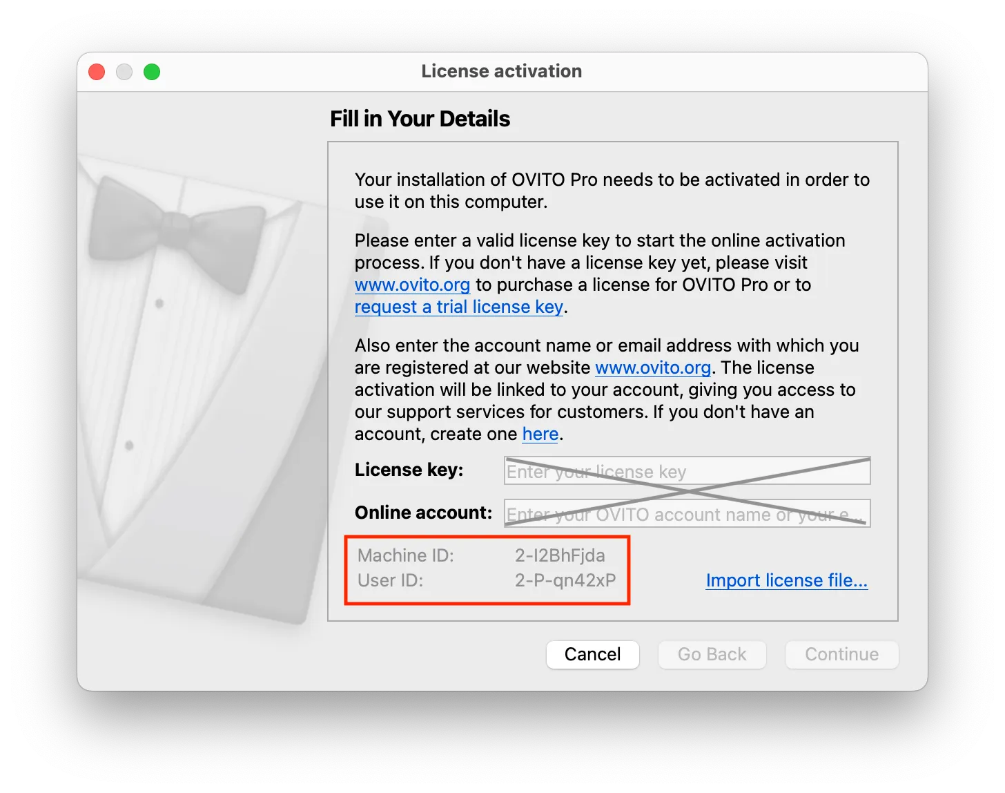 Activation dialog showing Machine ID and User ID fields