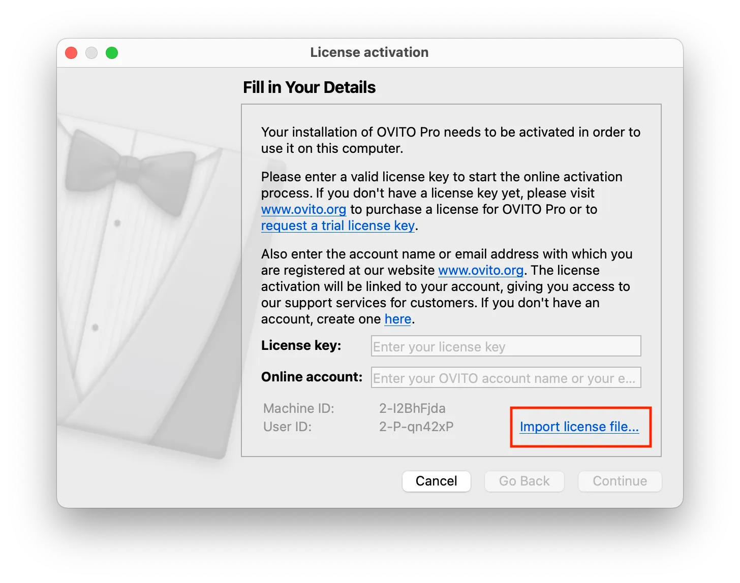 Activation dialog showing import file function